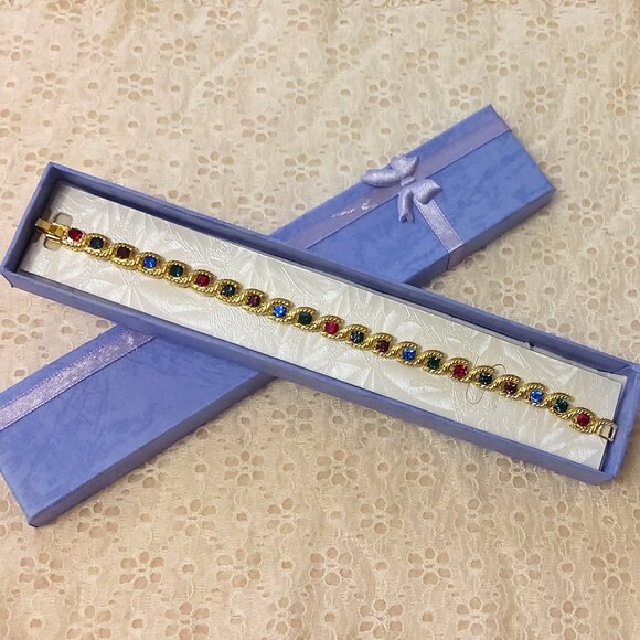 NEW EMMA JAMES Red Blue Green Crystals Gold Plated Bracelet - Picture 6 of 8